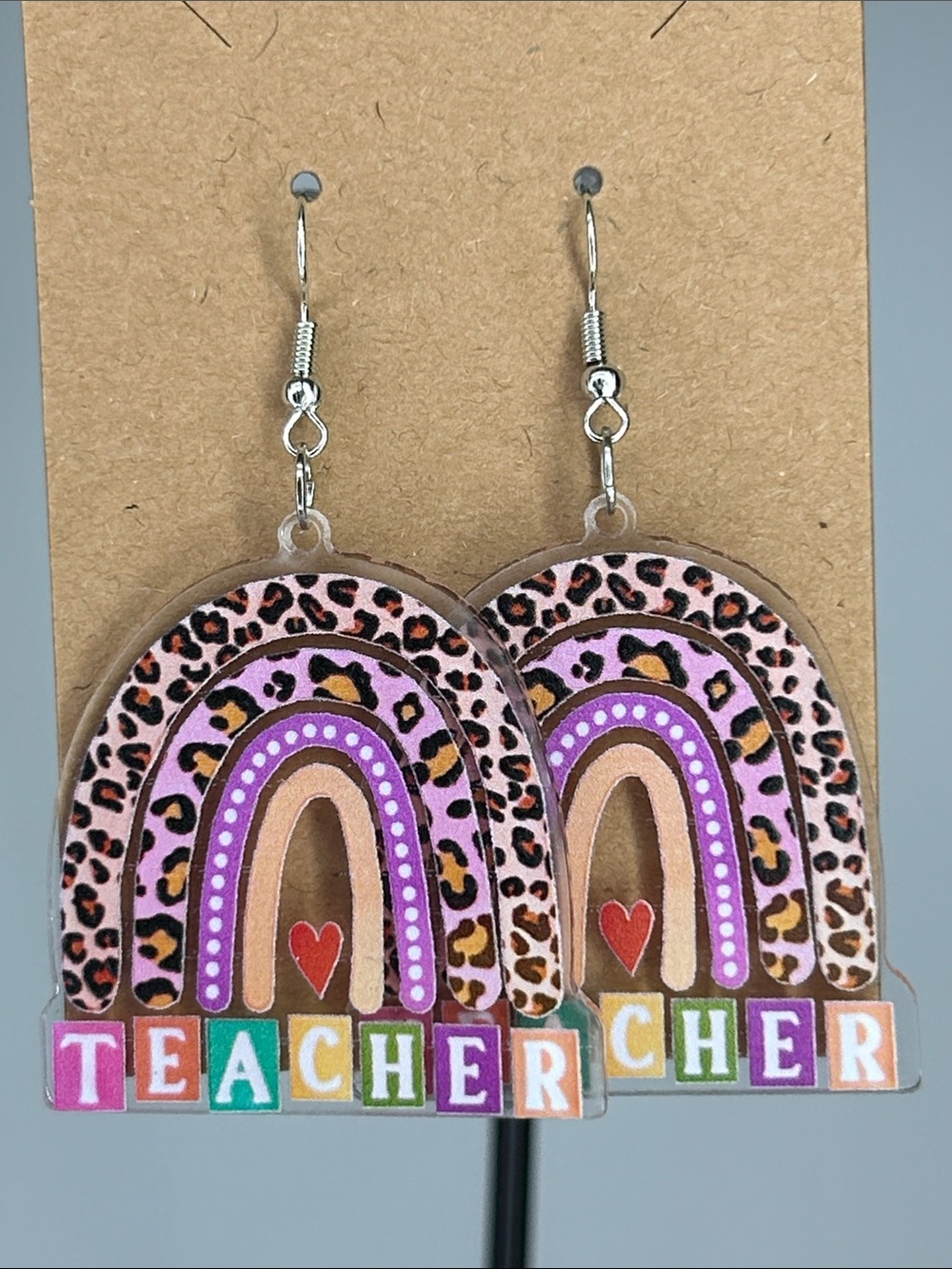 Teacher Rainbow Leopard Print Earrings Fashion Jewelry 2D Acrylic Fun